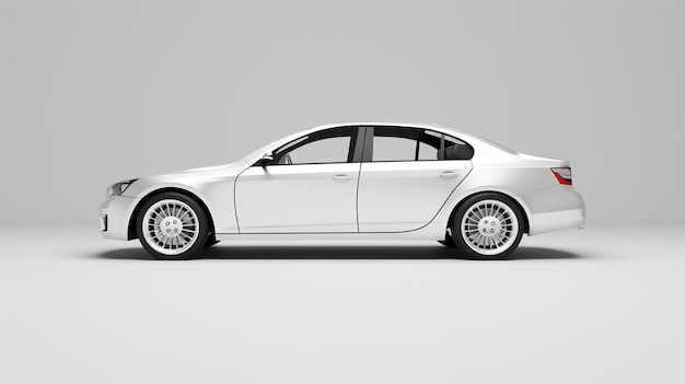 Een slanke zilveren sedan wordt in profiel getoond op een witte achtergrond De auto heeft een modern ontwerp met een lange motorkap en een korte kofferbak