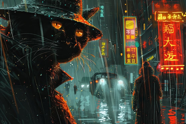 Een slanke zwarte kat zwerft door de regengedrenkte straten naast een detective in trenchcoat. Hun ogen weerspiegelen de zwakke gloed van neonborden en de belofte van gevaar.