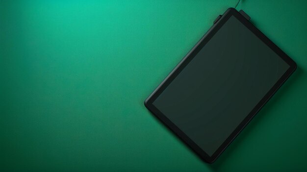 Een slanke zwarte tablet staat bovenop een levendige groene tafel