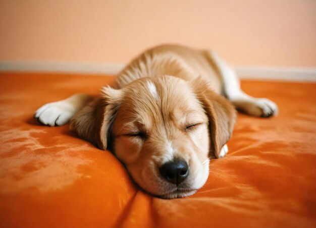 Een slapende puppy met lichtbruine vacht op een oranje oppervlak