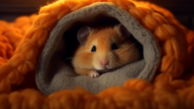 Een slaperige hamster weggestopt in een gezellige schuilplaats die door AI is gegenereerd