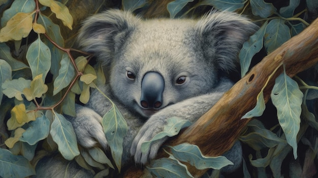 Een slaperige koala nestelde zich in een door AI gegenereerde eucalyptusboom
