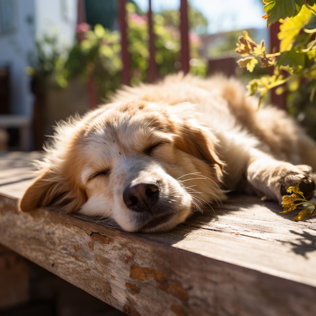 Een slaperige pooch die zich in de zon koestert