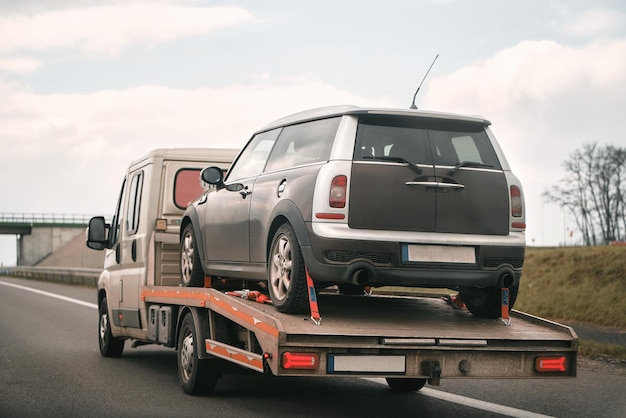 Een sleepwagen met een mini achterop