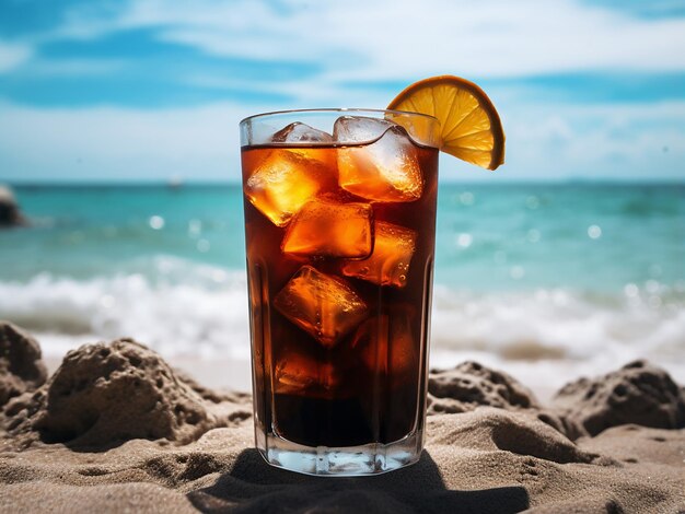 Foto een slokje zwarte rum aan het strand.