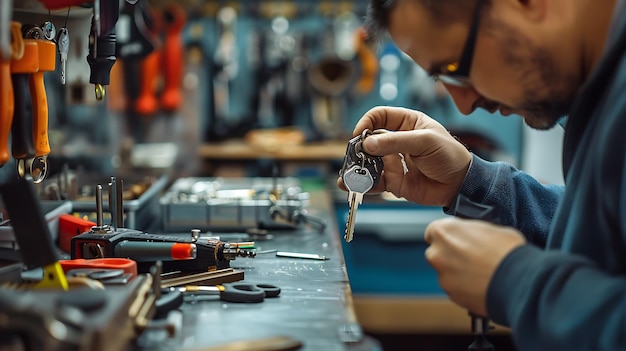 Een slotenmaker werkt hard in zijn winkel. Hij is geconcentreerd op de opdracht en hij is omringd door gereedschappen en sleutels.