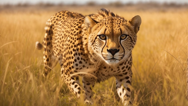 Een sluipende cheetah die door de savannegraslanden sluipt, met zijn ogen gefixeerd op zijn nietsvermoedende prooi