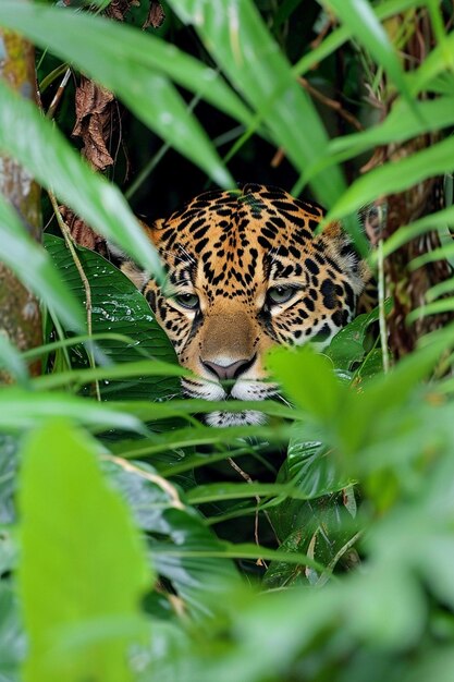 Foto een sluwe jaguar gecamoufleerd in het weelderige groen van het amazone regenwoud