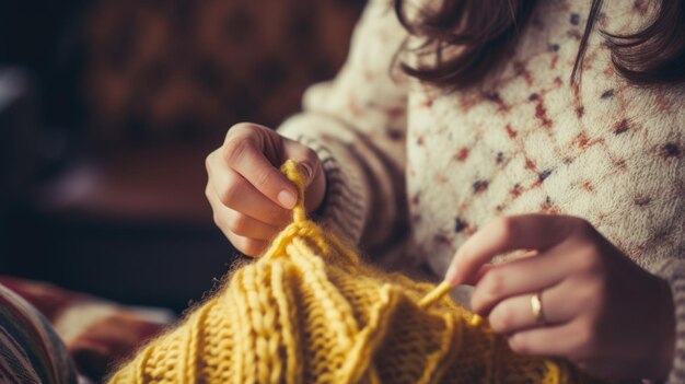 Een sluwe vrouw die aan tafel met kleurrijke garens breit