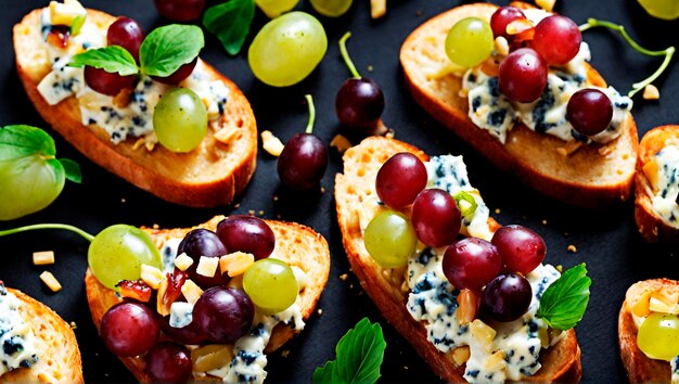 Foto een smaak van italië gorgonzola druiven en honing op bruschetta