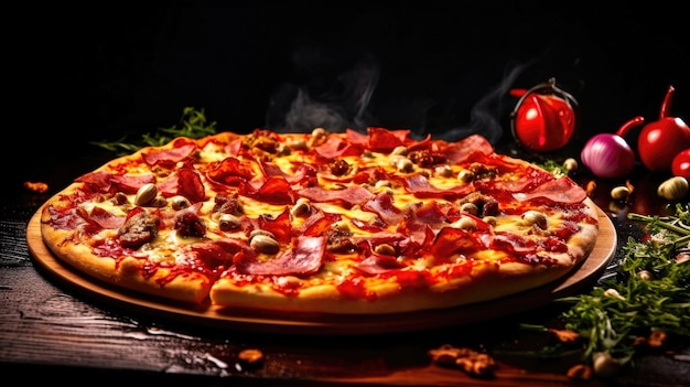Een smaakvolle en kaasrijke pizza met een verscheidenheid aan vlees toppings Een creatief en visueel bannerontwerp voor