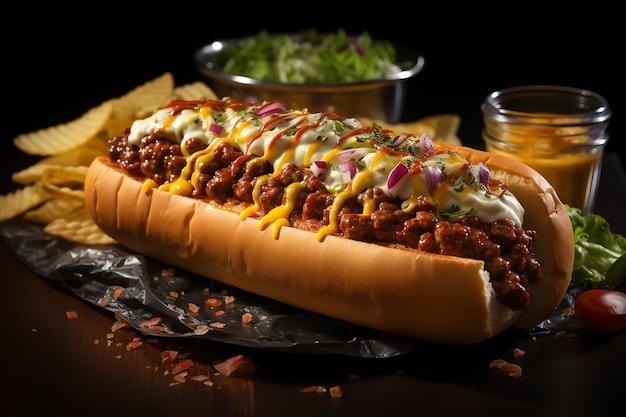 een smakelijke Amerikaanse hotdog sappig en kleurrijk met een luxe achtergrond