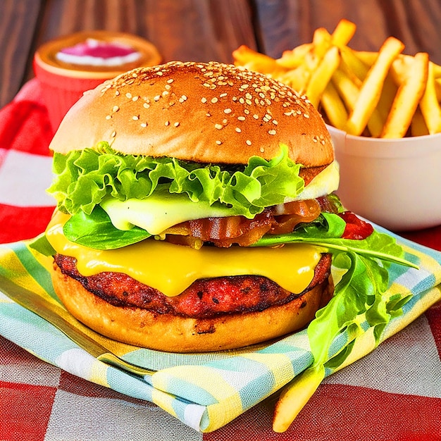 Een smakelijke burger met een overvloedige hoeveelheid kaas bekroond met knapperig spek en avocado-snijden