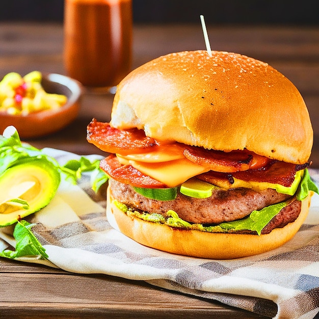 Een smakelijke burger met een overvloedige hoeveelheid kaas bekroond met knapperig spek en avocado-snijden