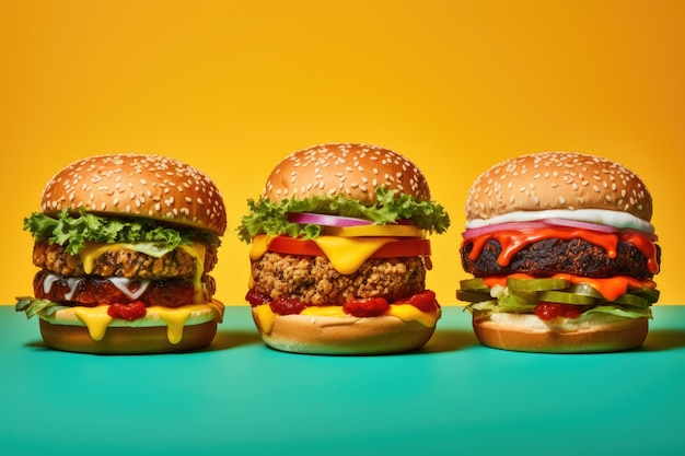 Een smakelijke compilatie van hamburgers, elk gevuld met smakelijke lekkernijen, tegen een reeks levendige achtergronden.