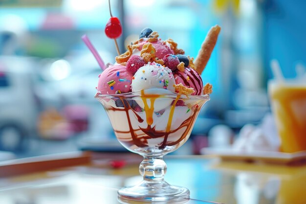 Een smakelijke ijs sundae met een verscheidenheid aan toppings geplaatst op een tafel ijs sandae in popcultuur stijl AI gegenereerd