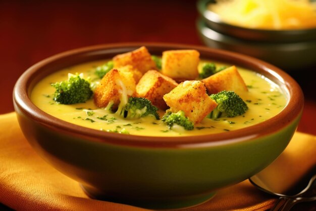 Een smakelijke opname van een stevige kom met romige stoomende broccoli en cheddarsuppe het levendige groene van de gemengde broccoli contrasteert prachtig met de rijke gouden tinten van de kaas