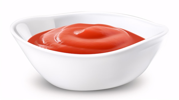 Een smakelijke selectie ketchup in een ongerepte schaal geïsoleerd op een strak wit oppervlak