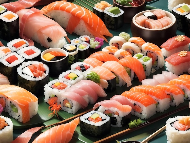 een smakelijke sushi-plaat met een assortiment nigiri maki en sashimi