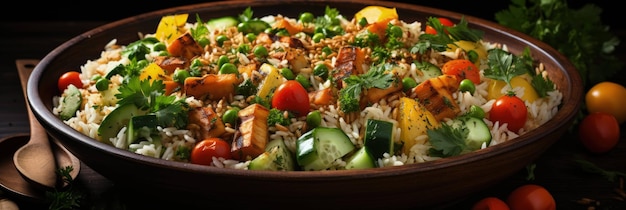 een smakelijke weergave van een kleurrijk rijstgerecht met een verscheidenheid aan groenten