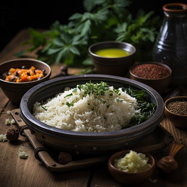 een smakelijke weergave van een kleurrijk rijstgerecht met een verscheidenheid aan groenten