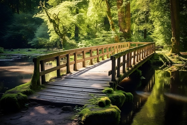 Een smalle houten brug strekt zich uit over een kristalheldere rivier in een levendig bos.