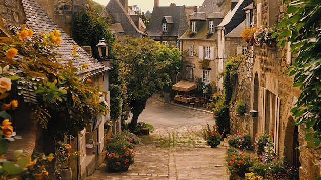Foto een smalle straat in een klein stadje in europa de straat is bekleed met oude stenen huizen met bloemen die in vensterdozen groeien