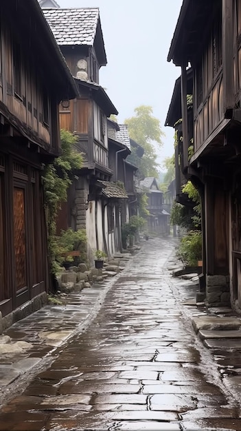 Foto een smalle straat met houten huizen op de achtergrond