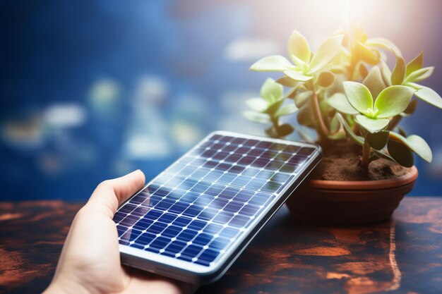 Een smartphone gebruiken om wazige zonnepanelen tegen een blauwe luchtachtergrond te verkennen