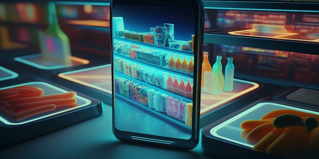 Een smartphone met een display van eten erop