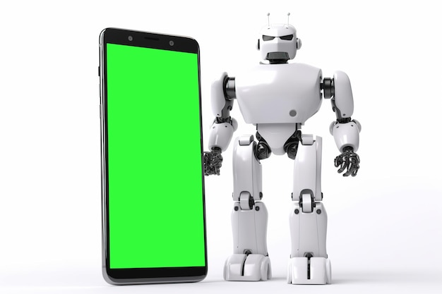 Een smartphone met een groen scherm een kleine robot staat op een witte achtergrond het concept van kunstmatige intelligentie in de telefoon