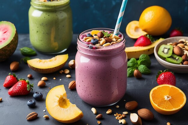 Een smoothie gemaakt van een verscheidenheid aan vers fruit en groenten met een vleugje noten en zaden