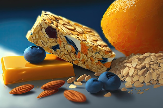 Een snack gemaakt met een combinatie van vers fruit en volkoren granen die zorgen voor een balans van vezelvitamines en mineralen Generatieve AI met hoge resolutie