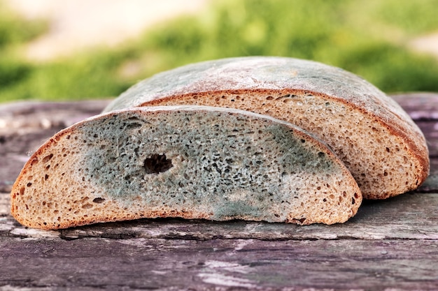 Een sneetje brood bedekt met schimmel op een houten ondergrond