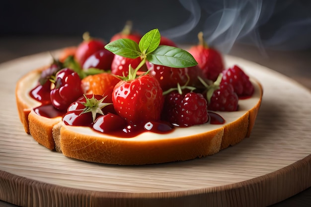 Een sneetje toast met aardbeien en frambozen erop