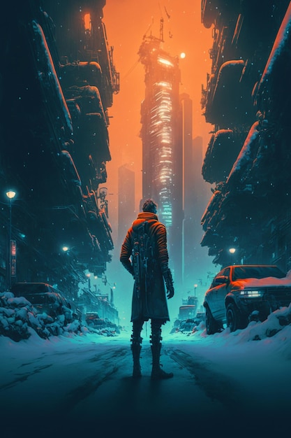 een sneeuw cyberpunk stad