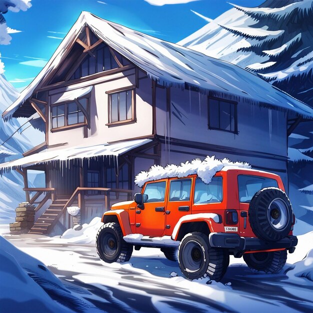 Foto een sneeuw op het huis met jeep