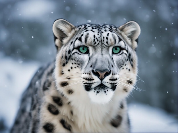 Een sneeuwleopard met groene ogen en een sneeuw leopard op de achtergrond.