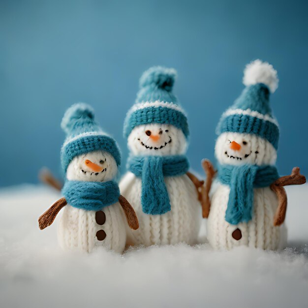 Foto een sneeuwman met een bruine hoed en een blauwe sjaal en een bruine sneeuwmannetje erop