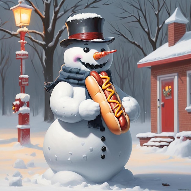 Foto een sneeuwman met een hoed en een hotdog in zijn hand.