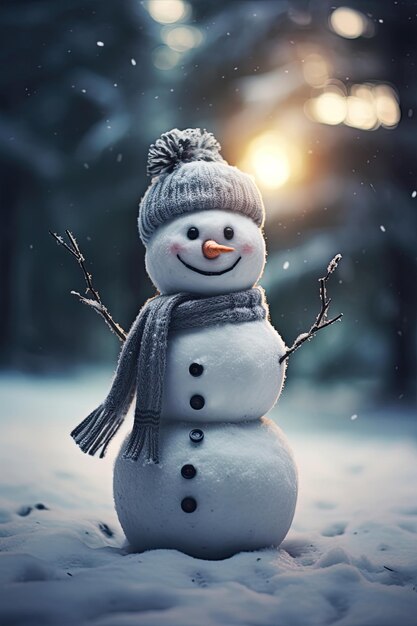 een sneeuwman met een sjaal en hoed erop
