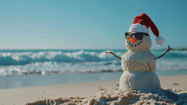 Een sneeuwman van zand op het strand met een zonnebril en een kerstmanhoed.