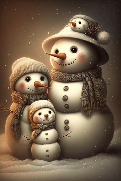 Een sneeuwpop en een kleine sneeuwpop staan naast elkaar.