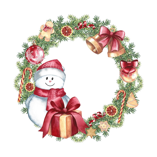 Een sneeuwpop in een kerstboomkrans met een geschenk Handgemaakte aquarel illustratie