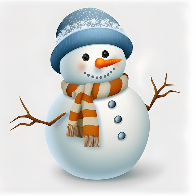 Een sneeuwpop met een blauwe hoed en een oranje sjaal staat voor een witte achtergrond.