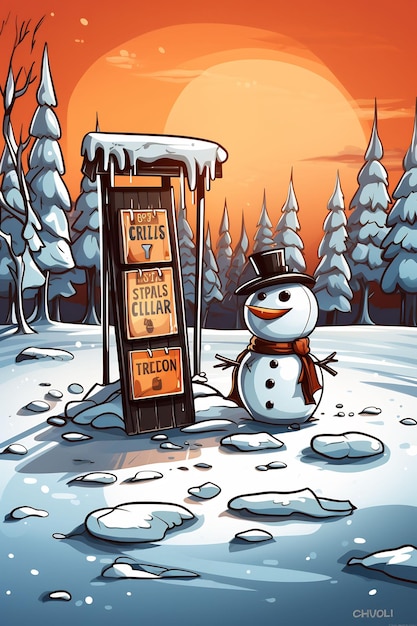 een sneeuwpop met een bordje met de tekst 'geen botten' erop