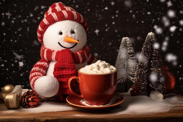 Een sneeuwpop met een kopje koffie en een sneeuwpop