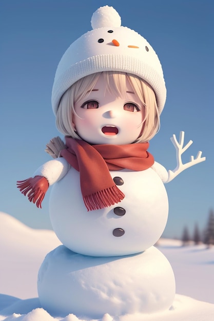 Een sneeuwpop met een rode sjaal en muts op