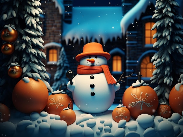 een sneeuwpop met hoed en oranje pompoenen in een besneeuwde nacht