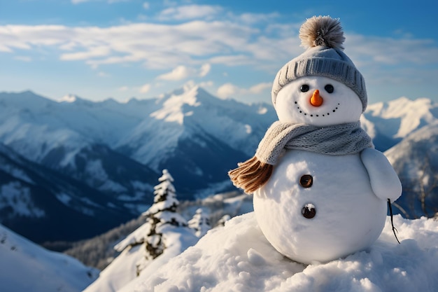 Een sneeuwpop staat bovenop een besneeuwde berg Vrolijk kerstfeest